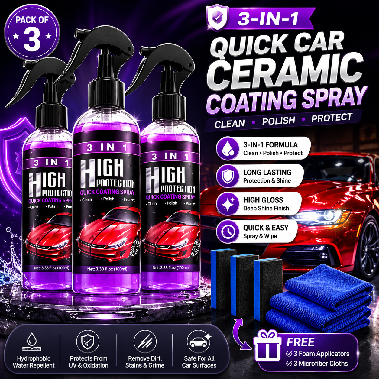 3-in-1 Quick Car Ceramic Coating Spray (Pack of 3)