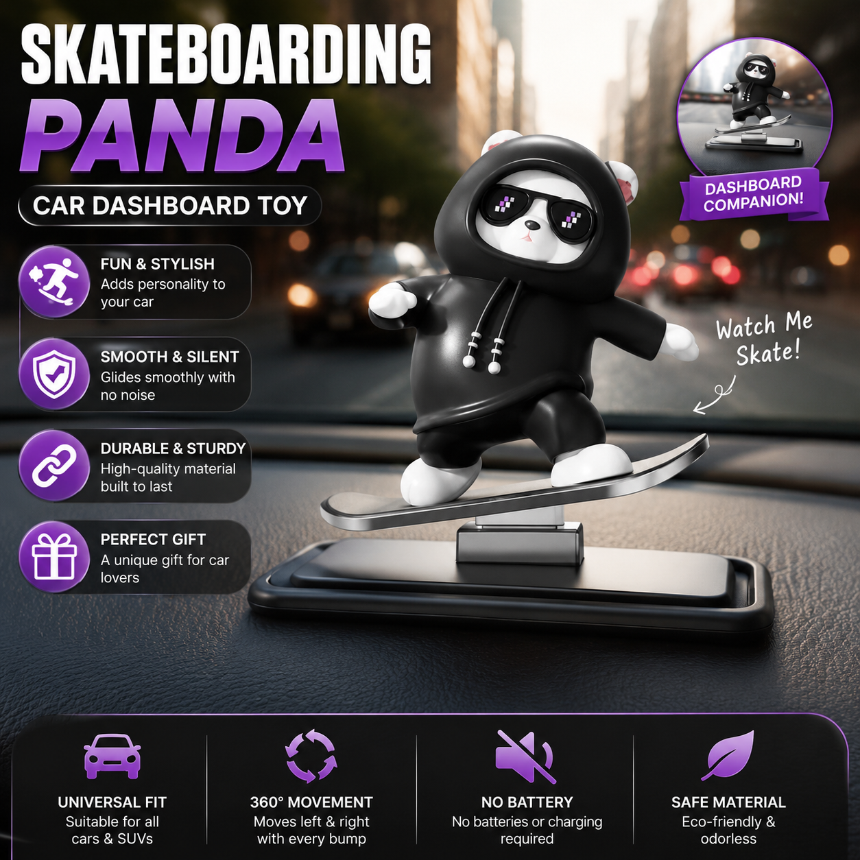 Skateboarding Panda Car Dashboard Toy