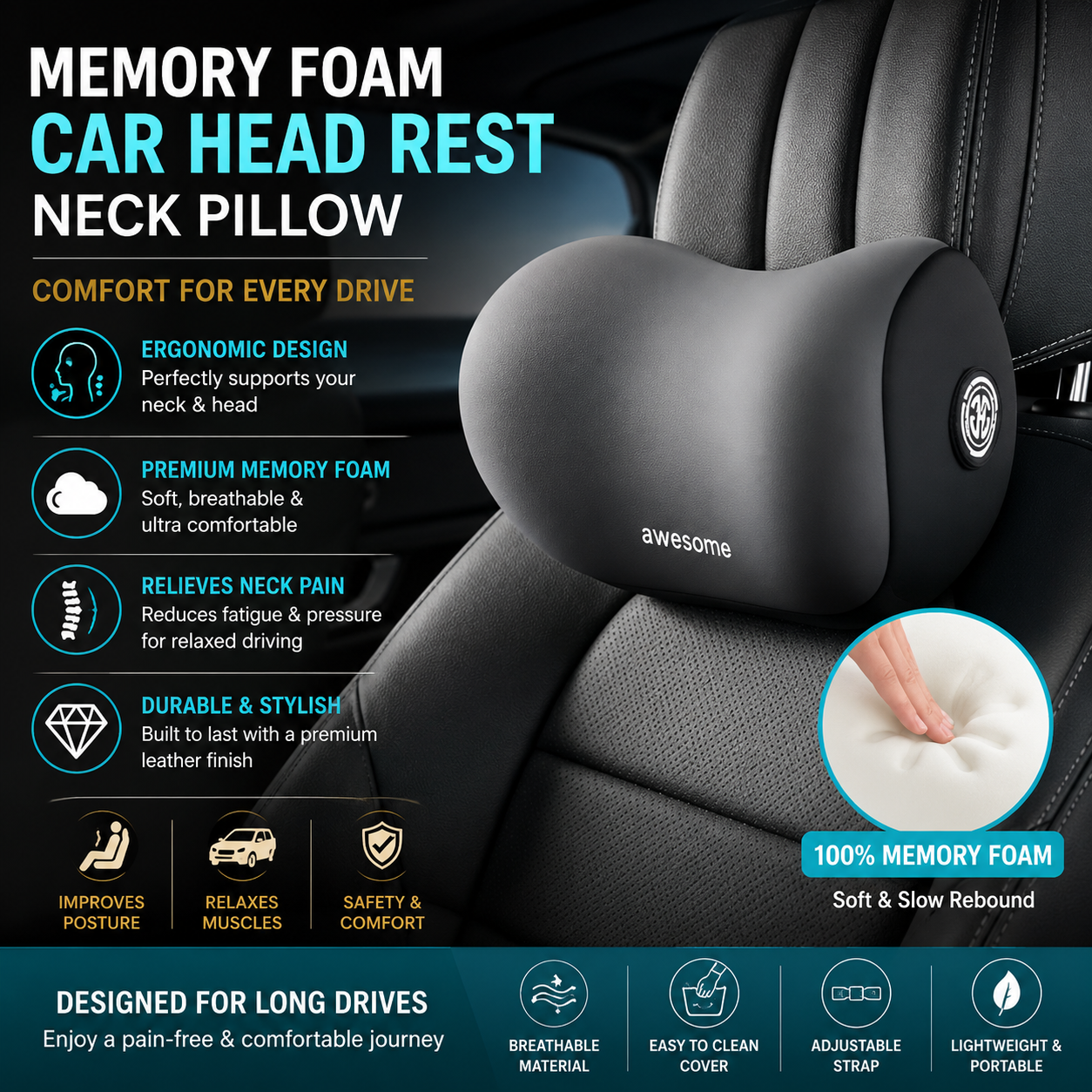 Memory Foam Car Head Rest Neck Pillow